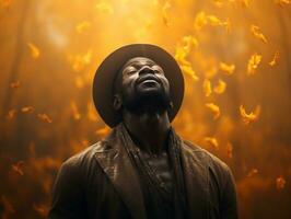 African man in emotional dynamic pose on autumn background AI Generative photo