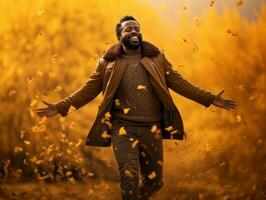African man in emotional dynamic pose on autumn background AI Generative photo