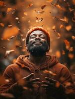 African man in emotional dynamic pose on autumn background AI Generative photo
