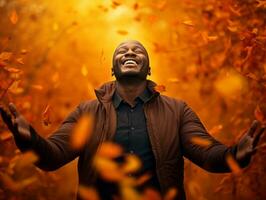 African man in emotional dynamic pose on autumn background AI Generative photo