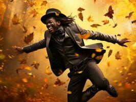 African man in emotional dynamic pose on autumn background AI Generative photo