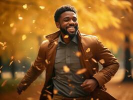 African man in emotional dynamic pose on autumn background AI Generative photo