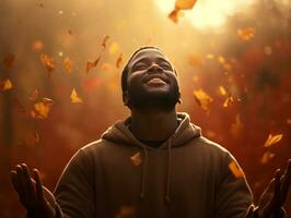 African man in emotional dynamic pose on autumn background AI Generative photo