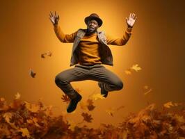 African man in emotional dynamic pose on autumn background AI Generative photo