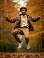 African man in emotional dynamic pose on autumn background AI Generative photo