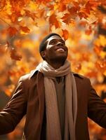 africano hombre en emocional dinámica actitud en otoño antecedentes ai generativo foto