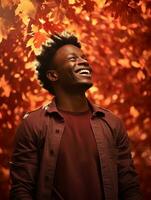 African man in emotional dynamic pose on autumn background AI Generative photo