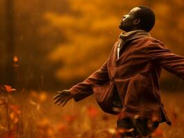 African man in emotional dynamic pose on autumn background AI Generative photo