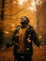 African man in emotional dynamic pose on autumn background AI Generative photo