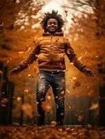 africano hombre en emocional dinámica actitud en otoño antecedentes ai generativo foto