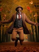 African man in emotional dynamic pose on autumn background AI Generative photo