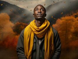 African man in emotional dynamic pose on autumn background AI Generative photo