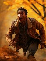 African man in emotional dynamic pose on autumn background AI Generative photo