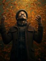 African man in emotional dynamic pose on autumn background AI Generative photo