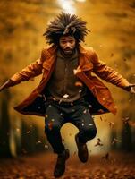 African man in emotional dynamic pose on autumn background AI Generative photo