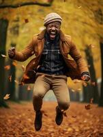 African man in emotional dynamic pose on autumn background AI Generative photo