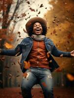 African man in emotional dynamic pose on autumn background AI Generative photo