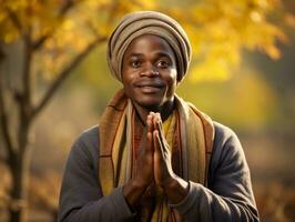 African man in emotional dynamic pose on autumn background AI Generative photo