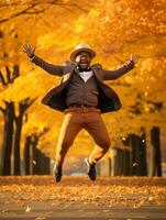 African man in emotional dynamic pose on autumn background AI Generative photo