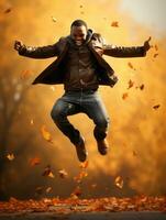 African man in emotional dynamic pose on autumn background AI Generative photo