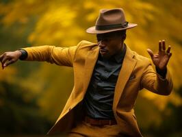 African man in emotional dynamic pose on autumn background AI Generative photo