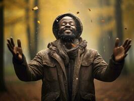 africano hombre en emocional dinámica actitud en otoño antecedentes ai generativo foto