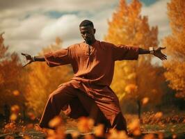 African man in emotional dynamic pose on autumn background AI Generative photo