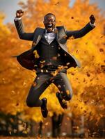 African man in emotional dynamic pose on autumn background AI Generative photo