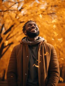 African man in emotional dynamic pose on autumn background AI Generative photo