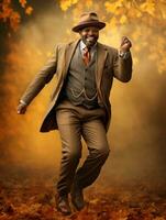 African man in emotional dynamic pose on autumn background AI Generative photo