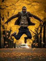 African man in emotional dynamic pose on autumn background AI Generative photo