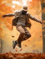 African man in emotional dynamic pose on autumn background AI Generative photo