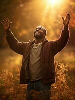 africano hombre en emocional dinámica actitud en otoño antecedentes ai generativo foto