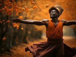 African man in emotional dynamic pose on autumn background AI Generative photo