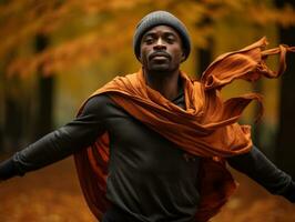 African man in emotional dynamic pose on autumn background AI Generative photo