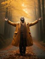 African man in emotional dynamic pose on autumn background AI Generative photo