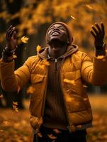 africano hombre en emocional dinámica actitud en otoño antecedentes ai generativo foto