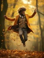 African man in emotional dynamic pose on autumn background AI Generative photo