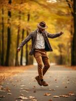 African man in emotional dynamic pose on autumn background AI Generative photo