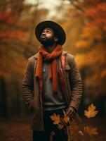 African man in emotional dynamic pose on autumn background AI Generative photo