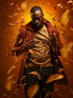 African man in emotional dynamic pose on autumn background AI Generative photo