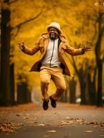 African man in emotional dynamic pose on autumn background AI Generative photo