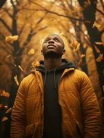 African man in emotional dynamic pose on autumn background AI Generative photo