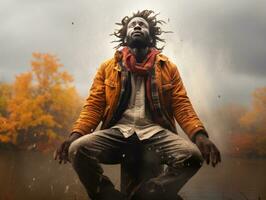 African man in emotional dynamic pose on autumn background AI Generative photo