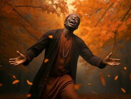 africano hombre en emocional dinámica actitud en otoño antecedentes ai generativo foto