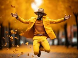 African man in emotional dynamic pose on autumn background AI Generative photo