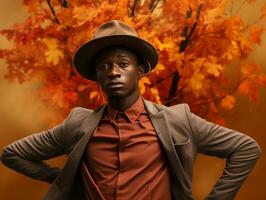 African man in emotional dynamic pose on autumn background AI Generative photo