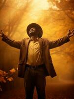 African man in emotional dynamic pose on autumn background AI Generative photo