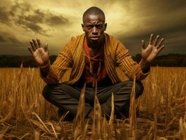 African man in emotional dynamic pose on autumn background AI Generative photo