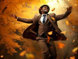 African man in emotional dynamic pose on autumn background AI Generative photo
